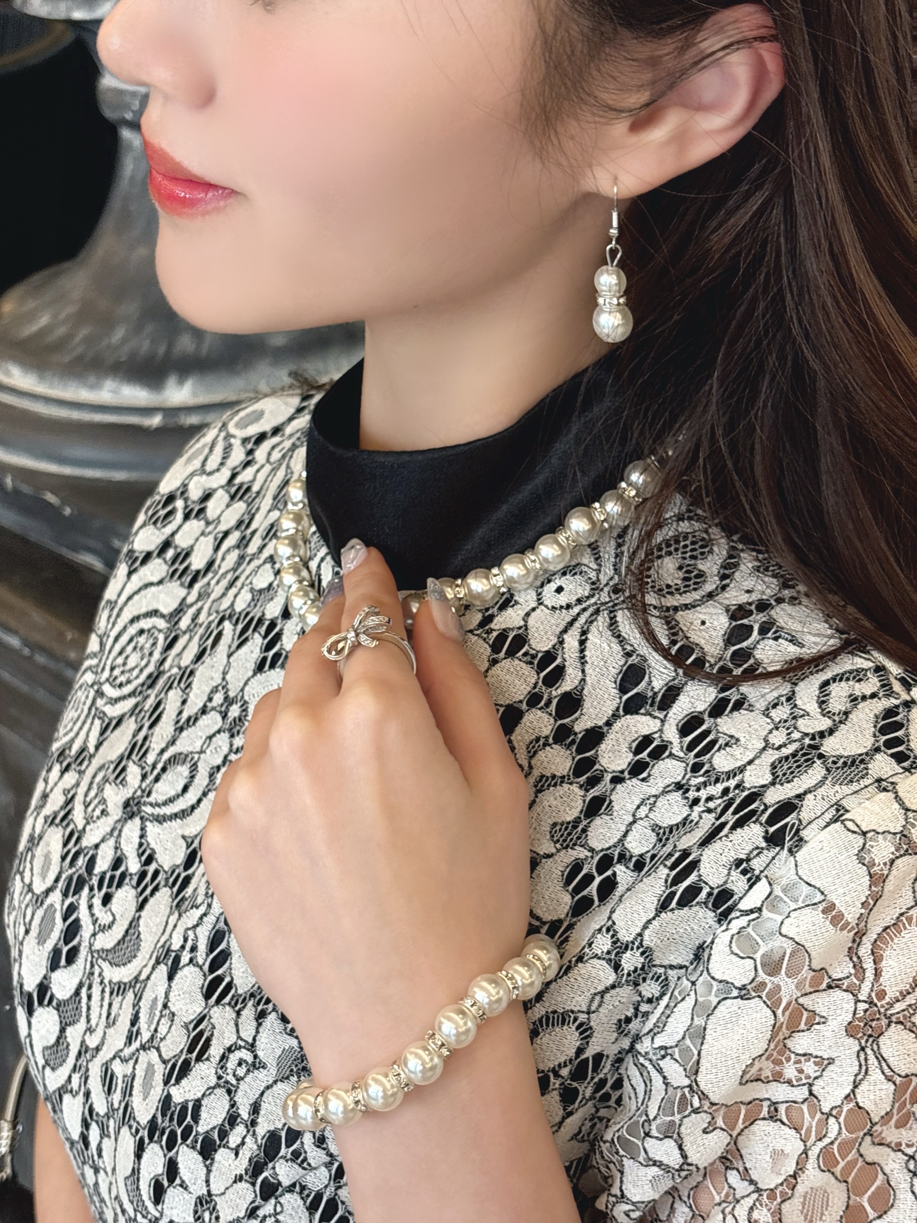 パール×シルバーリングビジュネックレスプレスレットピアスセット
