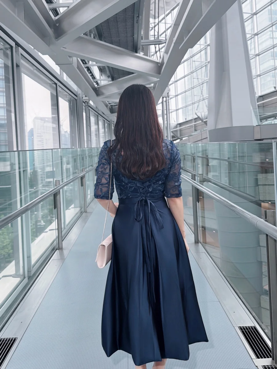 SALE] 立体刺繍レースバックリボン七分袖ロングスカートパーティー